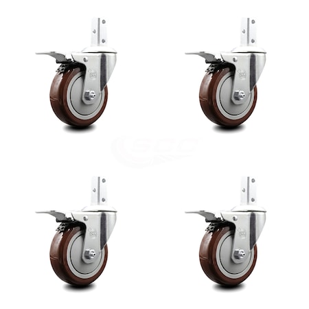 Service Caster 4 Inch Maroon Poly Wheel Swivel 3/4 Inch Square Stem Caster Set Total Lock Brake SCC-SQTTL20S414-PPUB-MRN-34-4